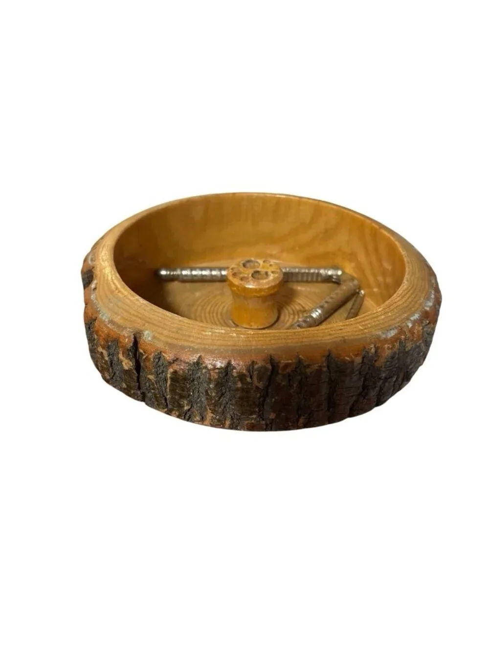 *Vintage Bark Nut Bowl Round Wooden Picks Nut Crackers Rustic Retro